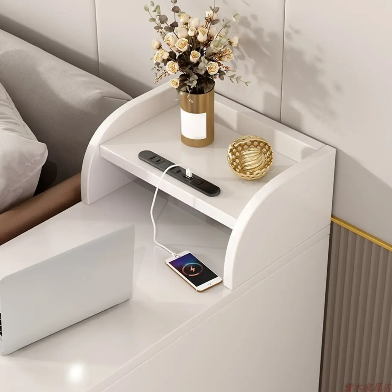 Narrow Rolling White 2-Drawer End Table with USB Charge