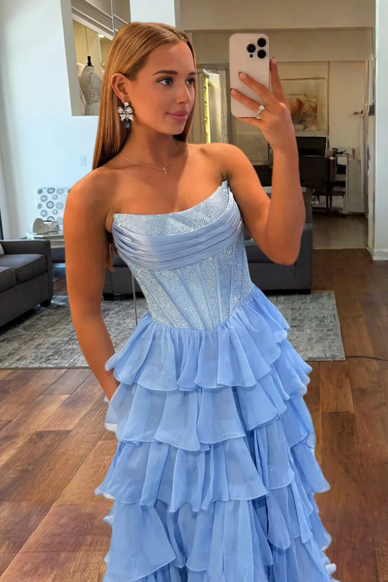 Blue - A Line Strapless Chiffon Beaded Corset Long Prom Dress With Slit