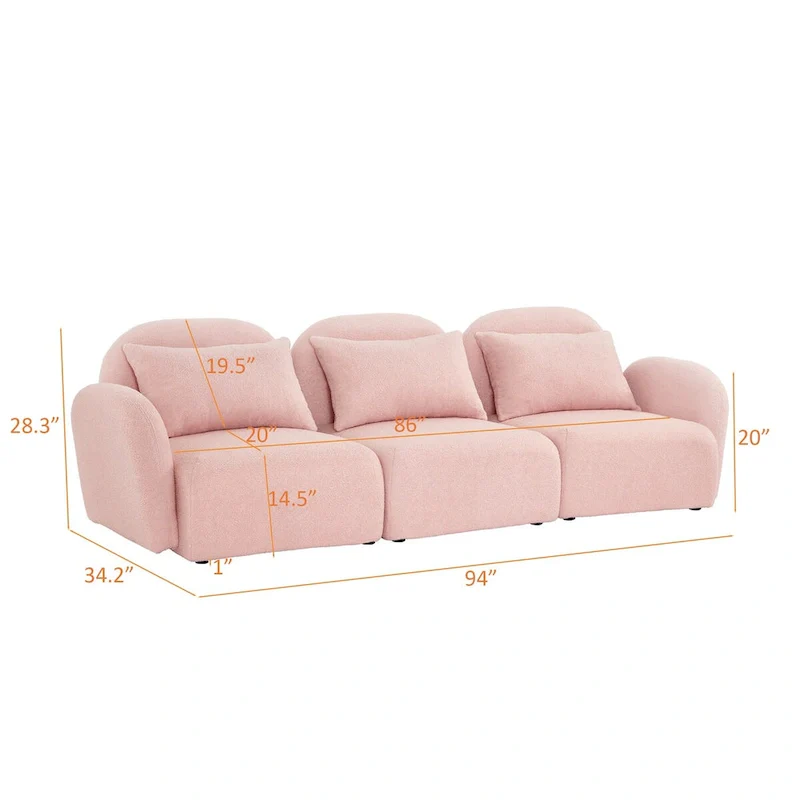 Pink / Blue / White Teddy Fabric 3-Seat Sofa with Curved Arms – Modern Style, Seats 3