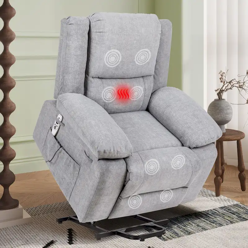 Light Grey Velvet Power Lift Recliner with 8-Point Massage, Lumbar Heat & USB Charging
