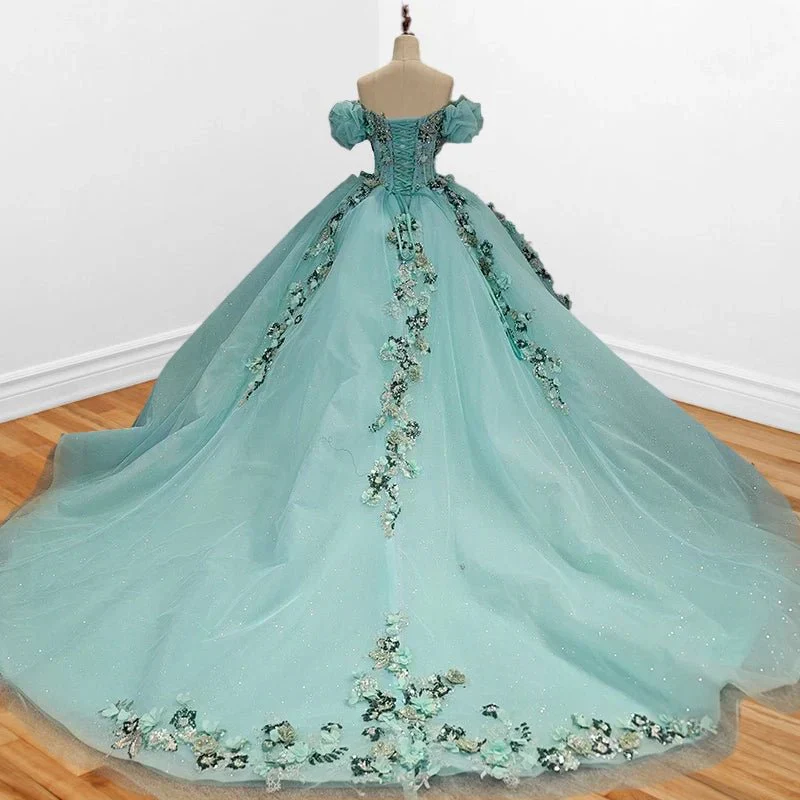 Mint Green Off Shoulder Court Train Quinceañera Dress