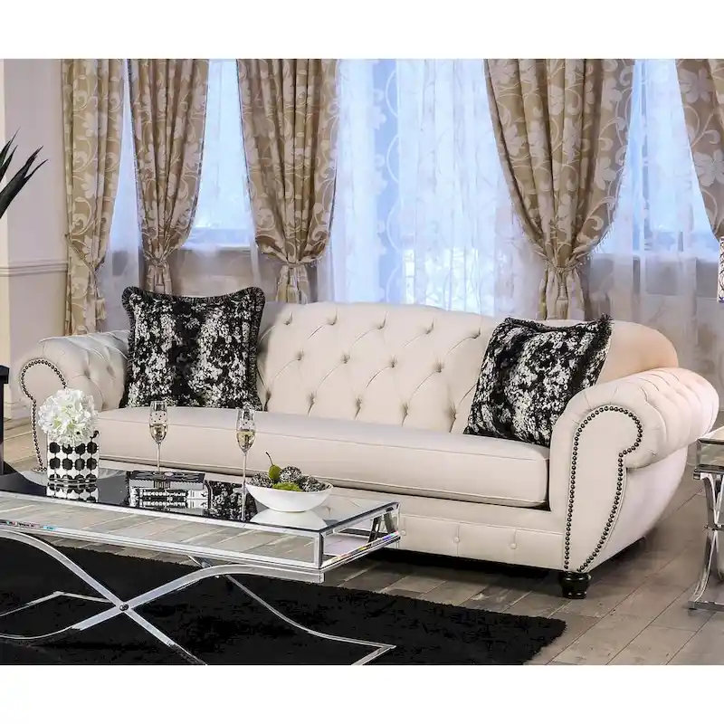 Cury Glam Beige Fabric Upholstered Tufted Nailhead Trim Sofa by Furniture of America
