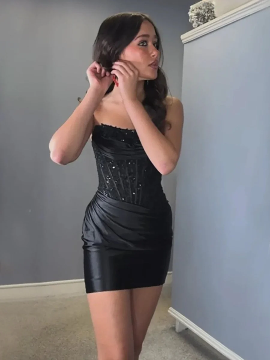 Black - Strapless Bodycon Satin Pleated Short Homecoming & Cocktail Dresses With Beading