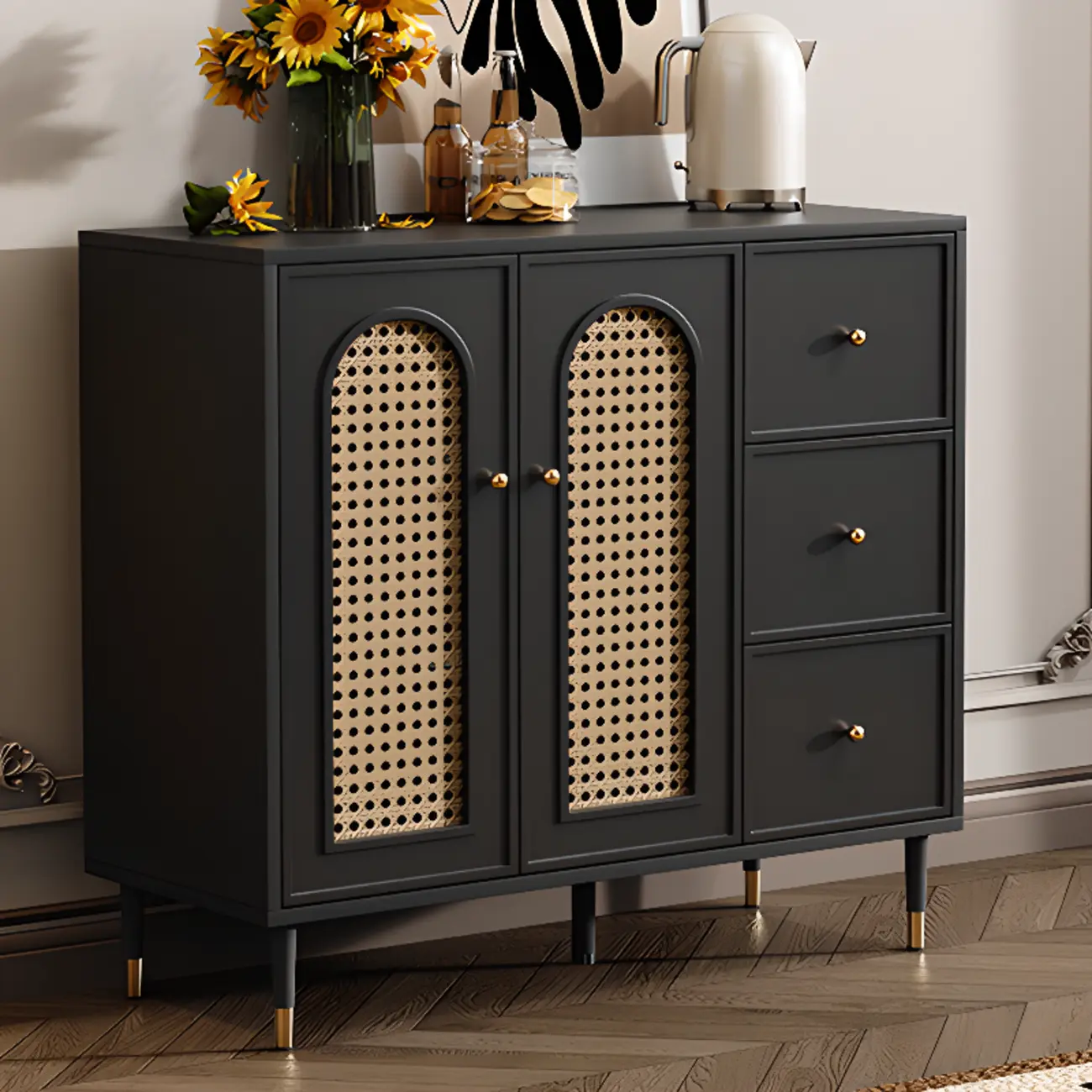 Traditional 3-Layer Rattan Wooden Black Sideboard Cabinet