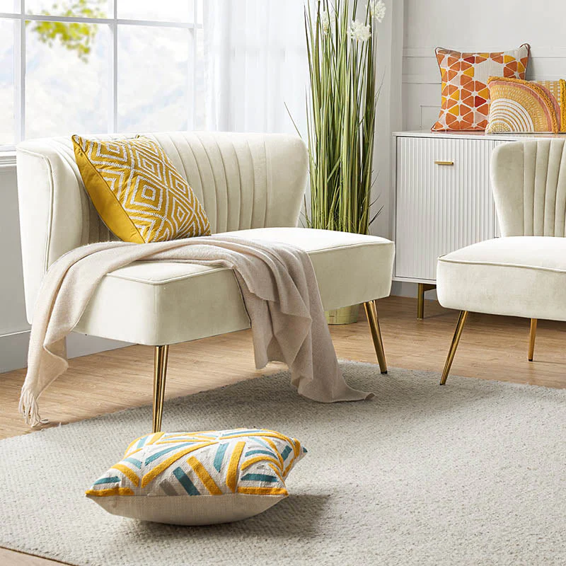 Velvet Tufted Loveseat with Curved Back, Foam Fill & Gold Tapered Metal Legs | Mustard / Pink / Sage / Purple / Navy / Green / Fuchsia / Tan / Orange / Black / Teal / Ivory | 2-Seater