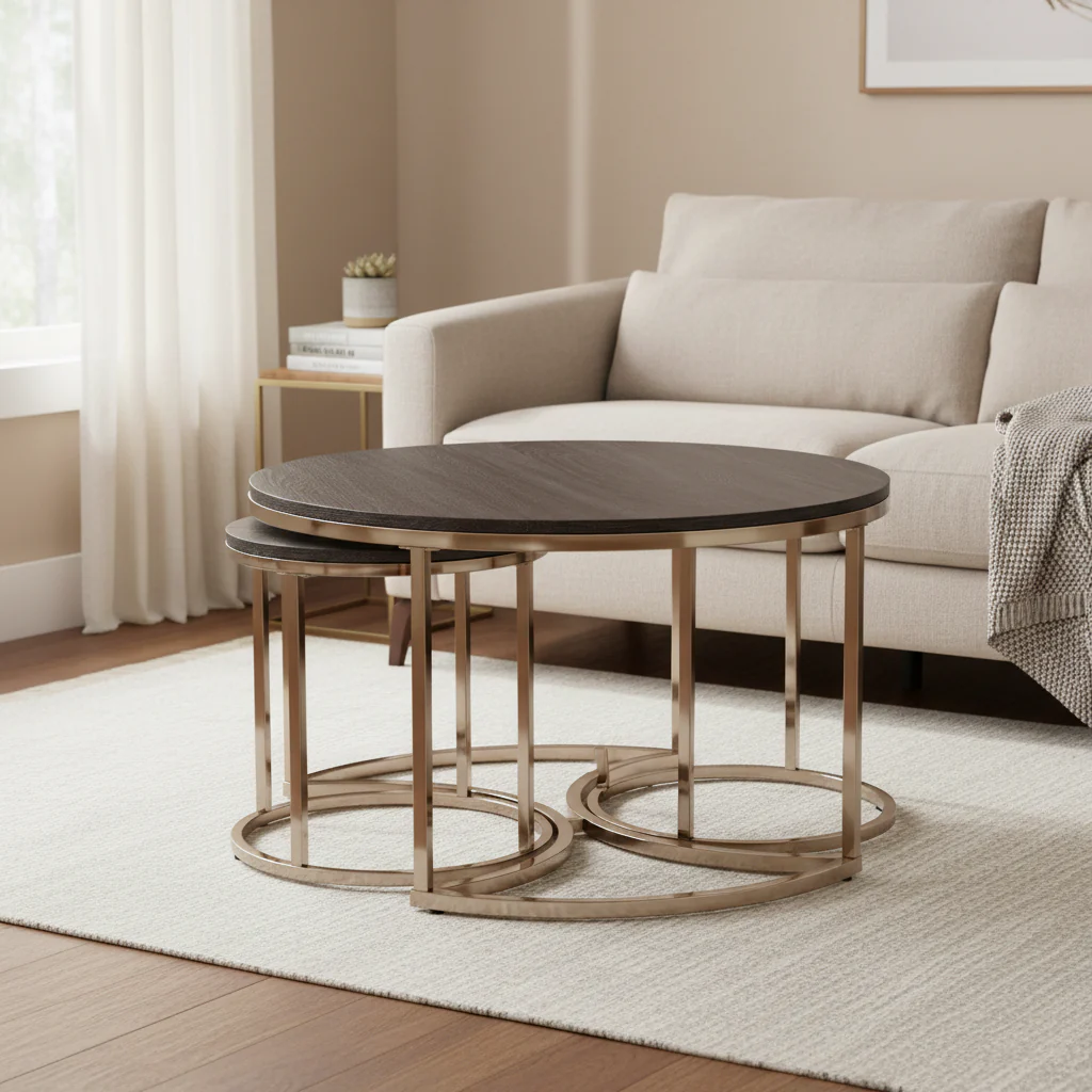 Set of 2 Mirrored Round Nested Coffee Tables for Living Room - 32 x 32 x 17