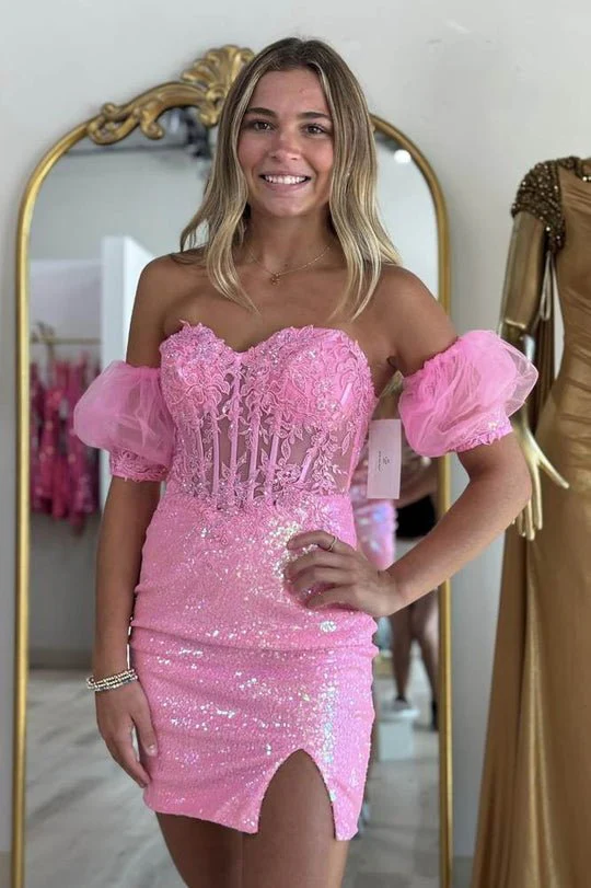 Pink Strapless Applique Bodycon Mini Party Dresses wiith Sleeves