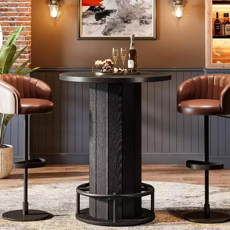 Lantine 39.4-Inch H Round Bar Table, Wood Bistro Pub Table with Metal Ring Footrest for Dining Coffee, Living Room, Small Space, Black, Only Table