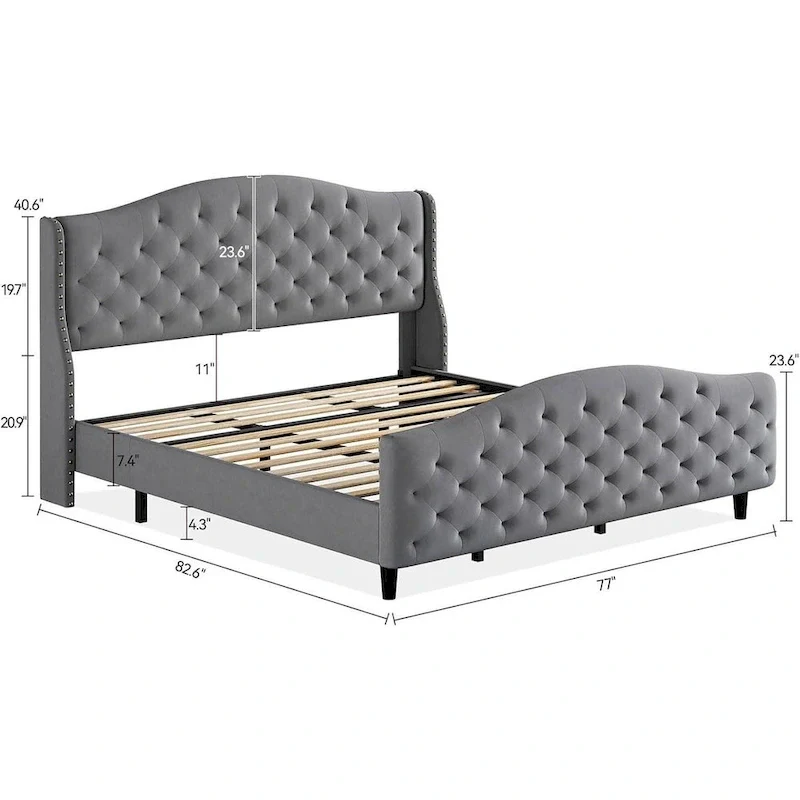 Velvet Upholstered Bed Frame with Wingback Headboard and Footboard