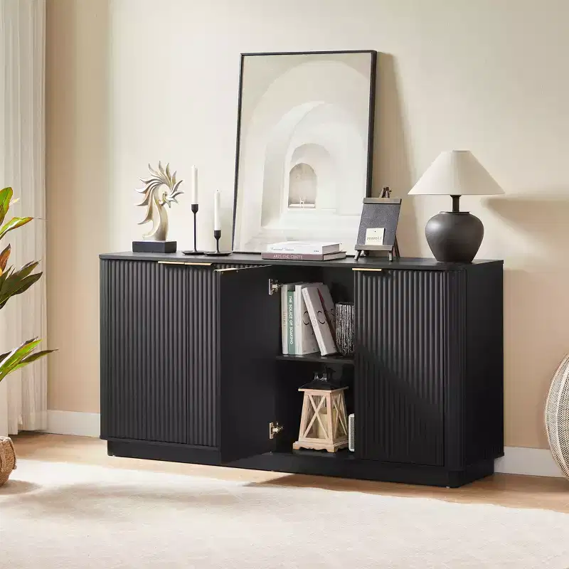 JVNOXK 63 Vertical Stripe Buffet Cabinet Sideboard with Storage, Curved Wave Design TV Stand for Living Room Bedroom Hallway, Black