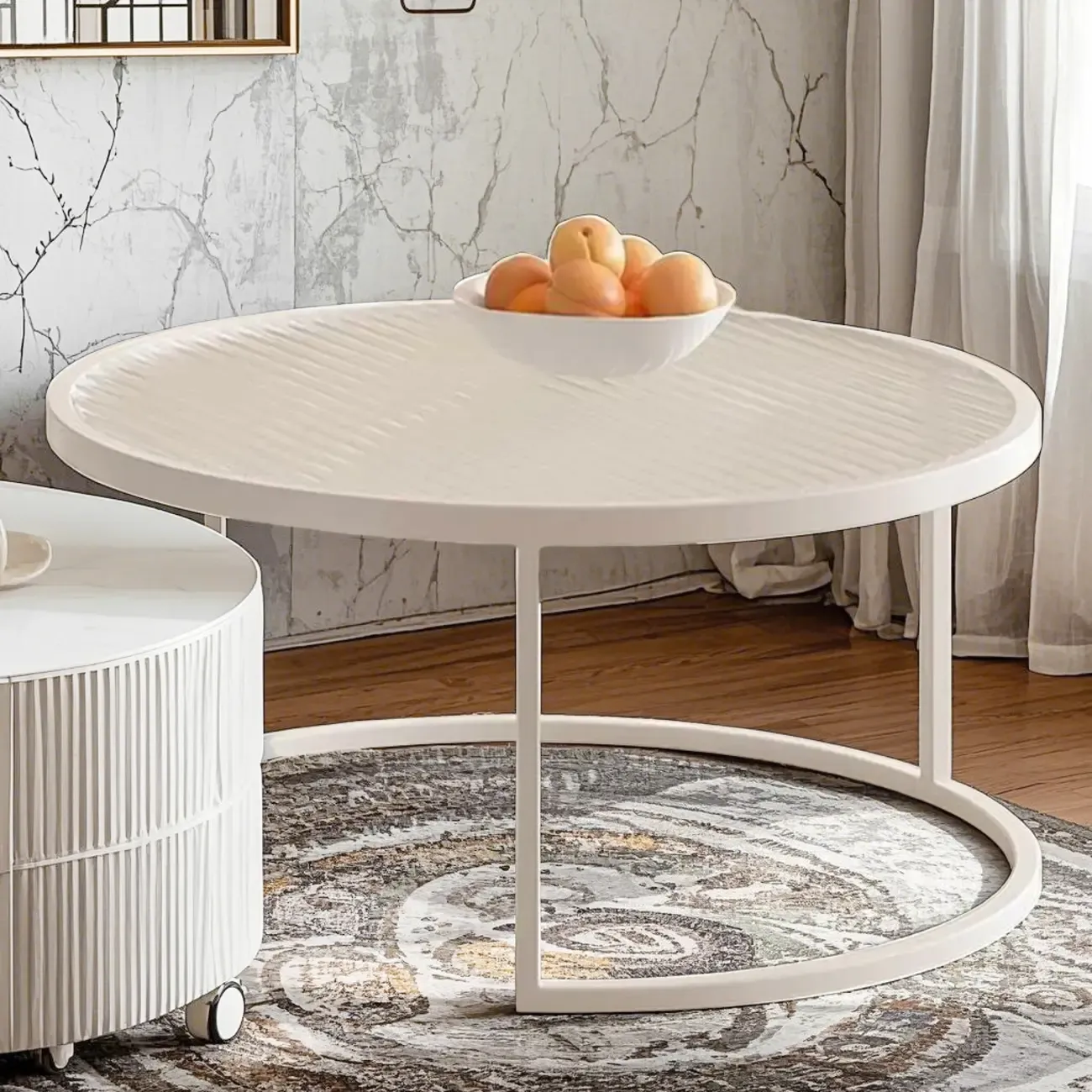 White Round Wheeled Round Wood Drawer Coffee Table