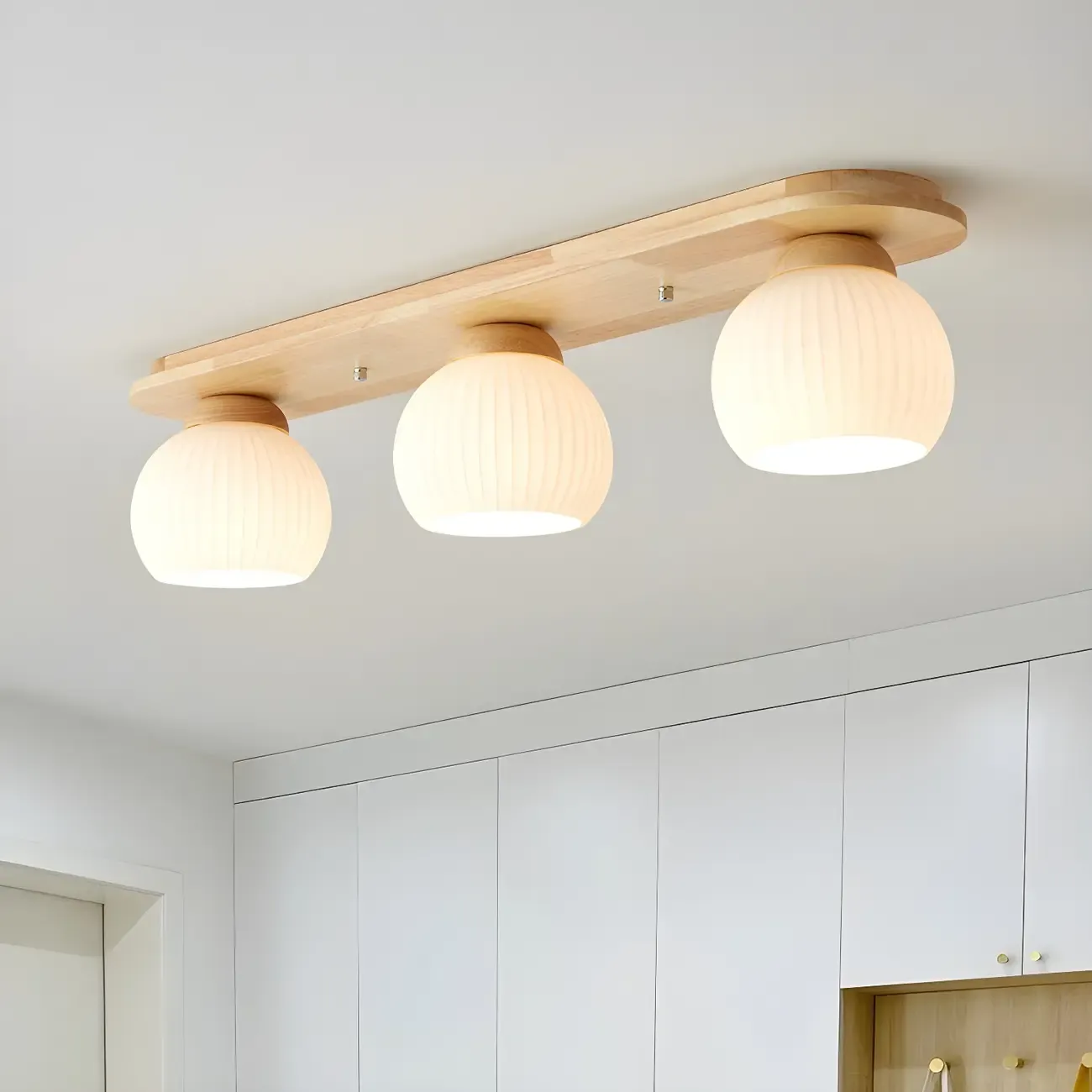 White Globe Glass Natural Wood Flush Mount Ceiling Light
