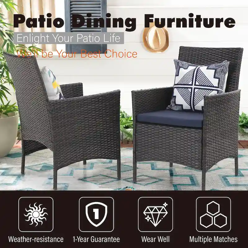 Patio 5-piece Dining Set, 1 Square 37  Metal Table with Umbrella Hole and 4 Rattan Chairs with Cushion
