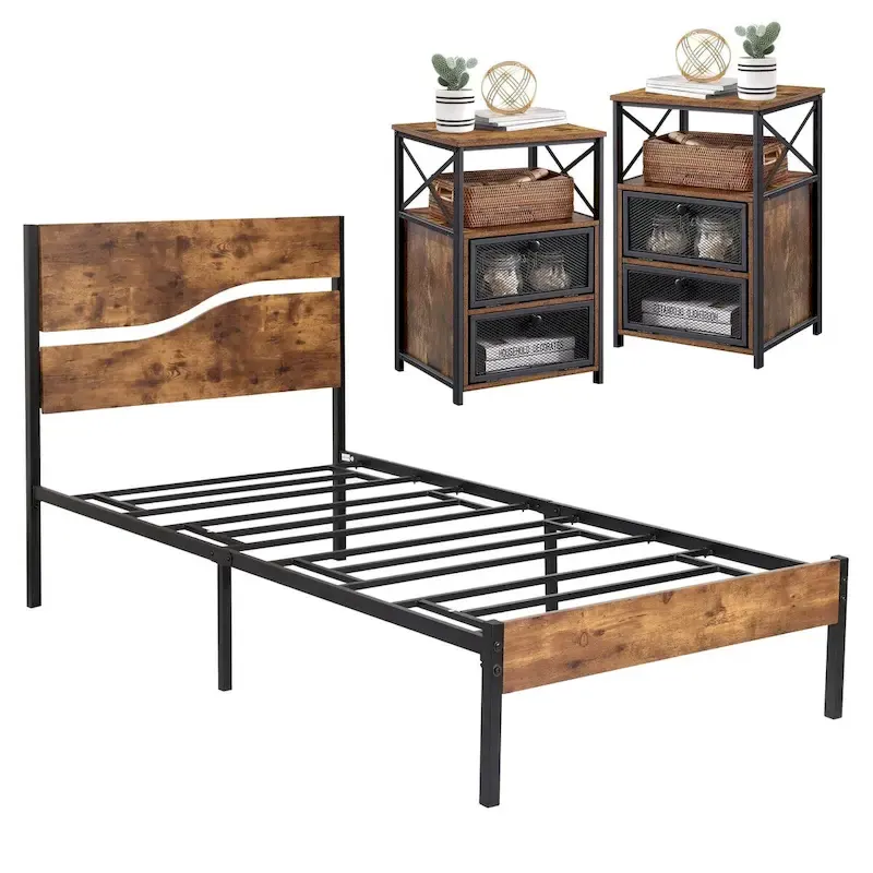 Bedroom Set of 3,Platform Bed Frame and Modern Nightstands Set of 2