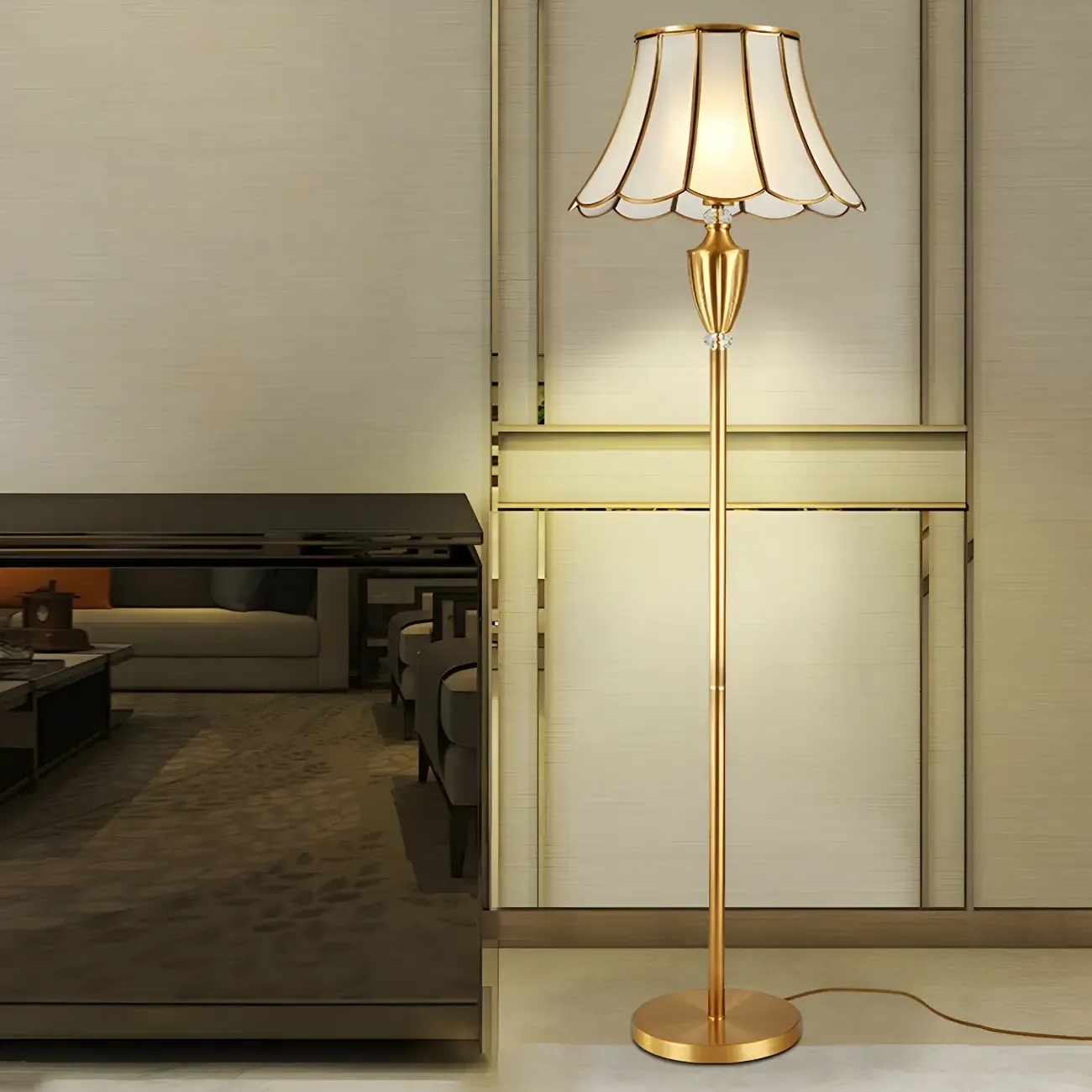 Vintage Scalloped Glass Brass 57 Flared Floor Lamp