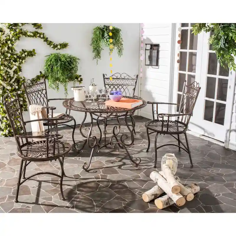 SAFAVIEH Outdoor Living Thessaly Victorian Scroll Iron 5-Piece Dining Set - 39