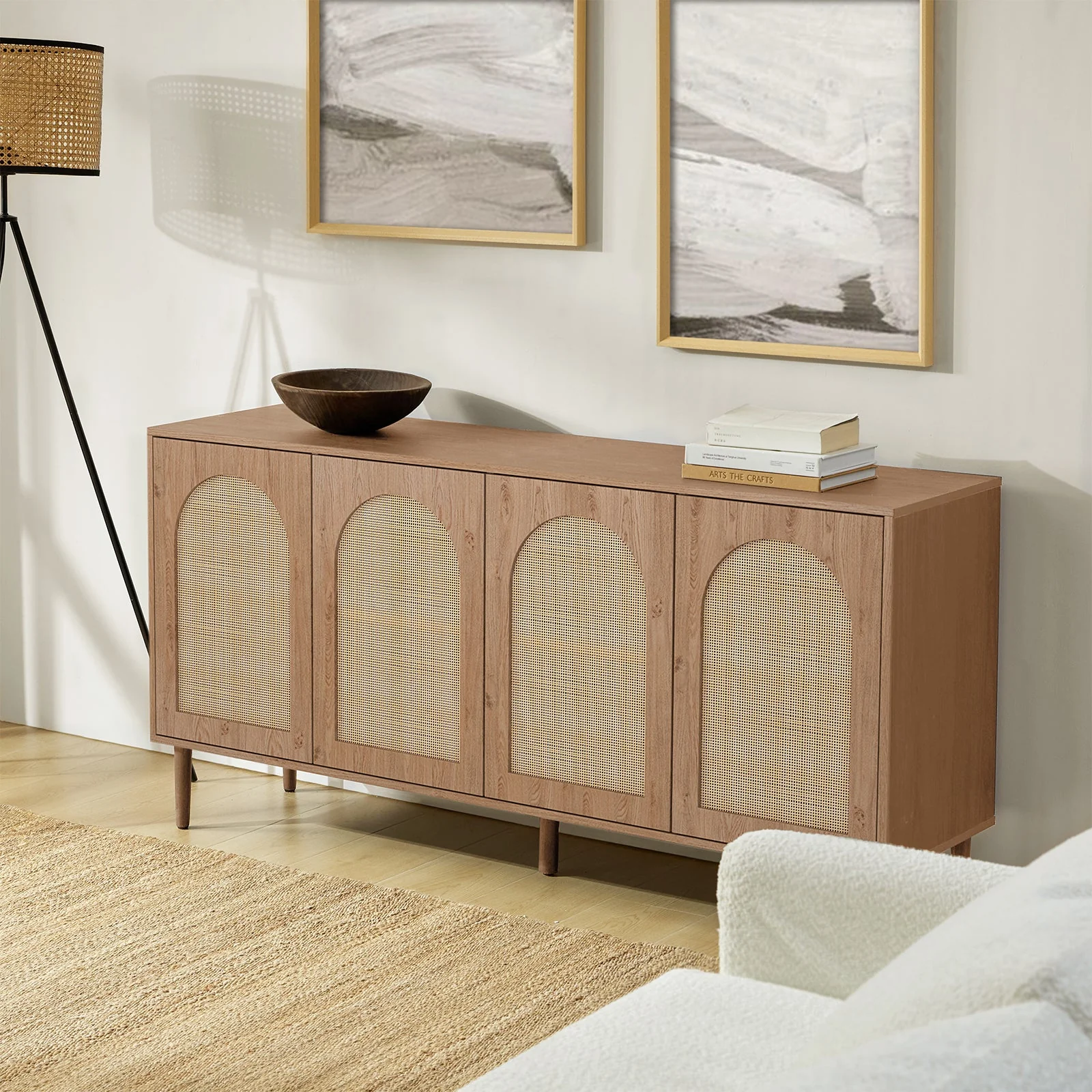 63 in Rattan Texture 4-Door Sideboard with Soft-Close Doors, Removable Shelves & Solid Wood Legs | Oak / Black | Single