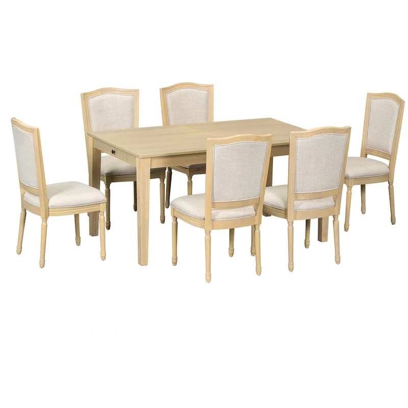 7 Pcs Dining Table Set, Solid Wood Table and Chairs Set with Extendable Dining Table, 2 Drawers and 6 Upholstered Chairs