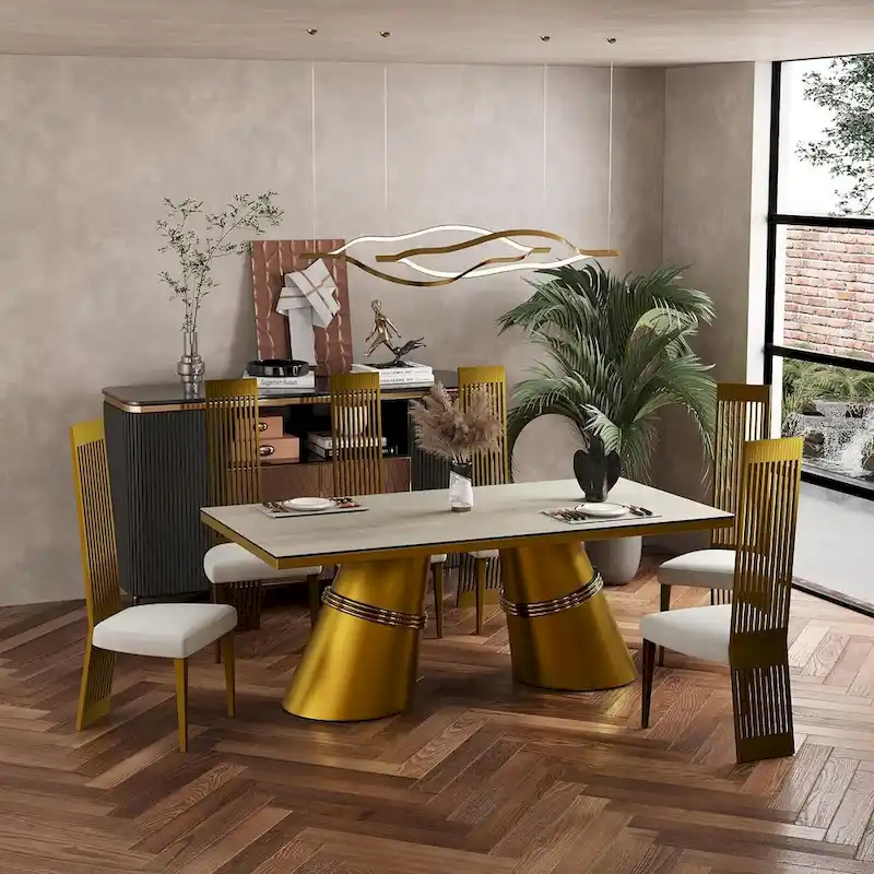 Brushed Gold Dining Table with 78 inch Glass Top and Tapered Barrel Base