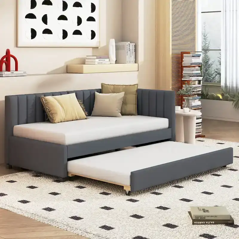 Twin Linen Daybed with Trundle and Semi-Closed Design