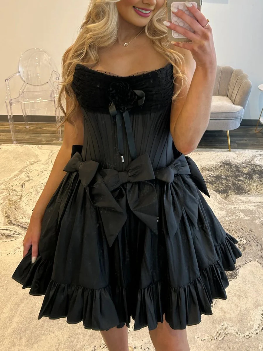 Black - Strapless Satin Ruffles A-Line Homecoming Dress With Bow