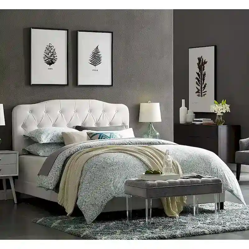 White Faux Leather King Platform Bed with Tufted Headboard