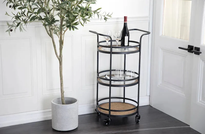 Metal Rolling Rattan and Glass Shelves Bar Cart with Handles - Brown