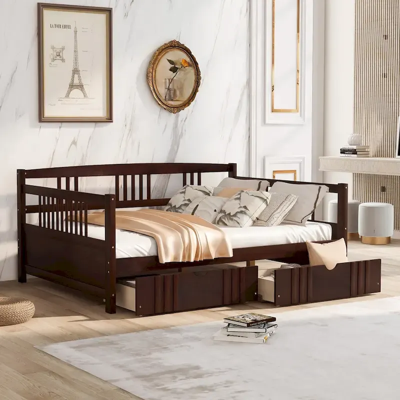 Full Size Wood Daybed, Sofa Bed, Equipped with Wooden Handrails and Two Drawers