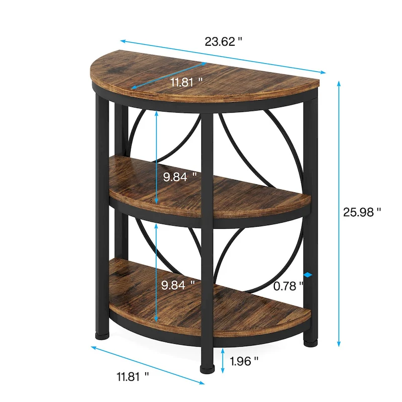 3-Tier Half Round End Table with Storage Shelves & Metal Frame