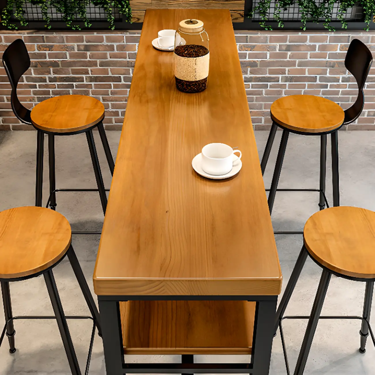 Modern Brown Wooden Metal Sled Shelf Bar Tables with Footrest