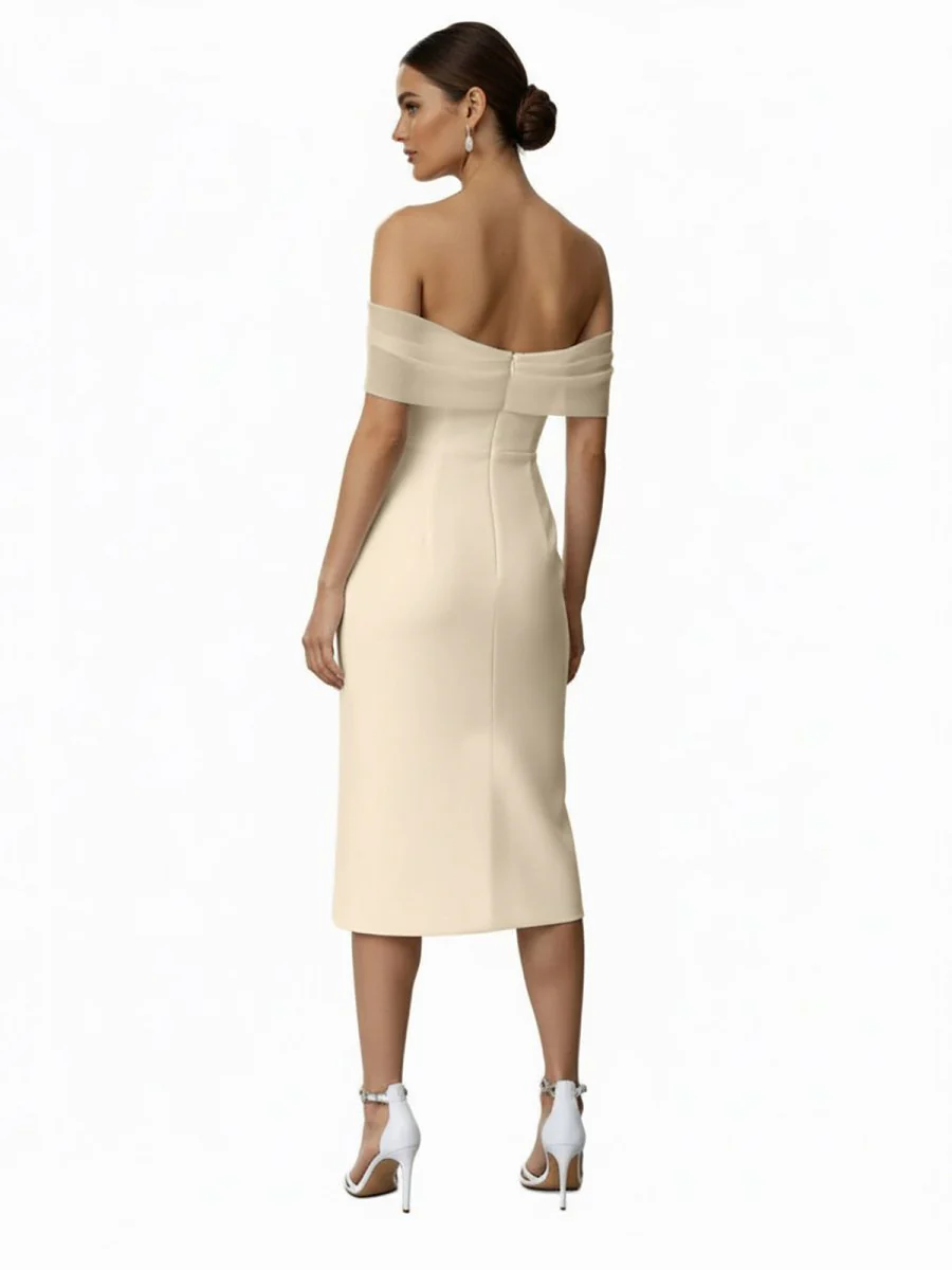 Sheath Off-The-Shoulder Sleeveless Tea-Length Wedding Dresses