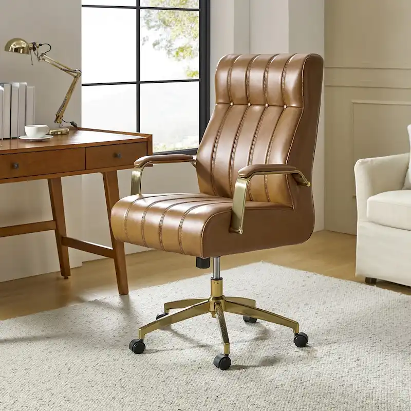 Mid-Century Modern Vegan Leather Office Chair - Swivel Tilting Ergonomic Desk Chair with Channel Tufted Design & Adjustable Height