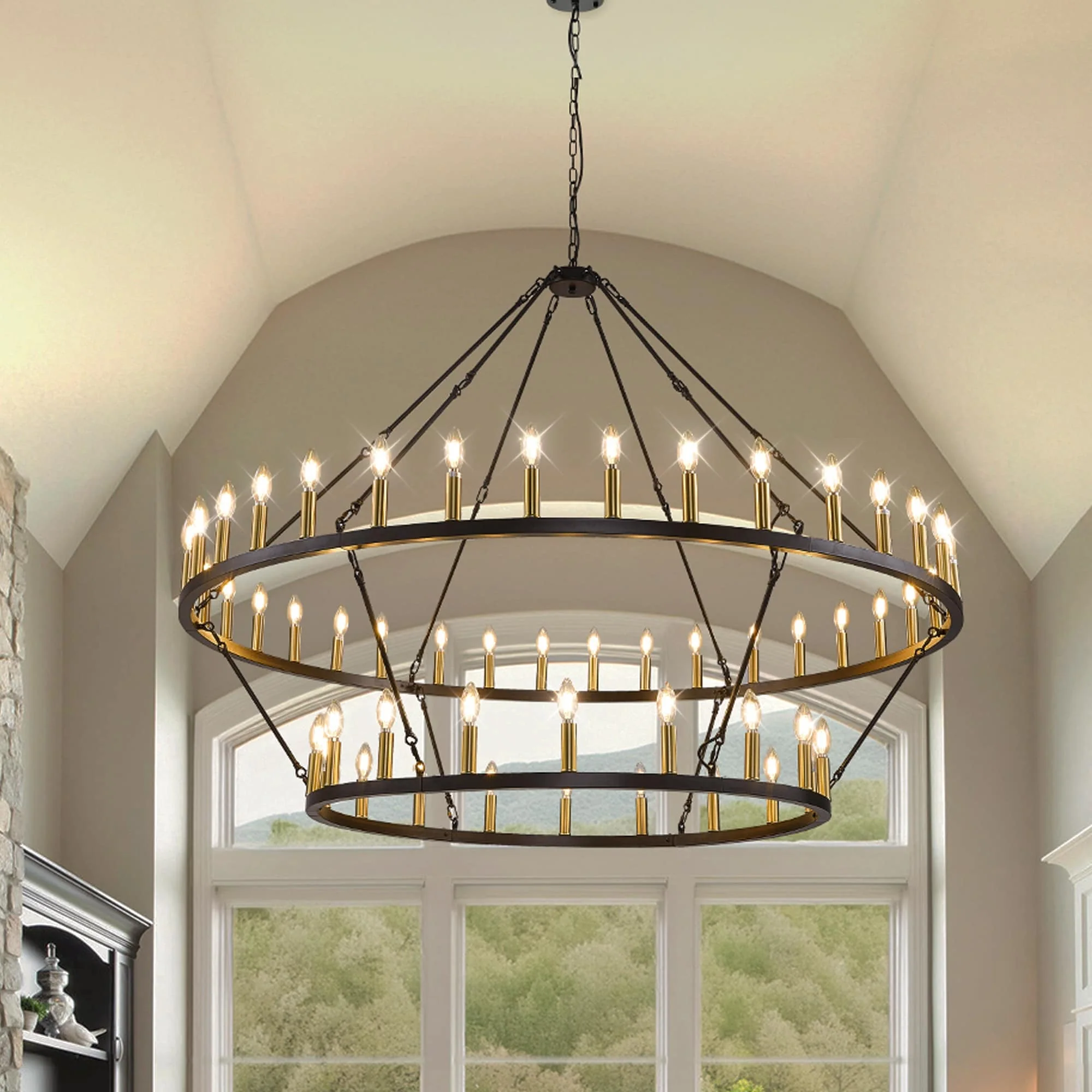 Modern Farmhouse Chandelier 2 Tier Round Wagon Wheel Chandelier Large High Ceiling Light.
