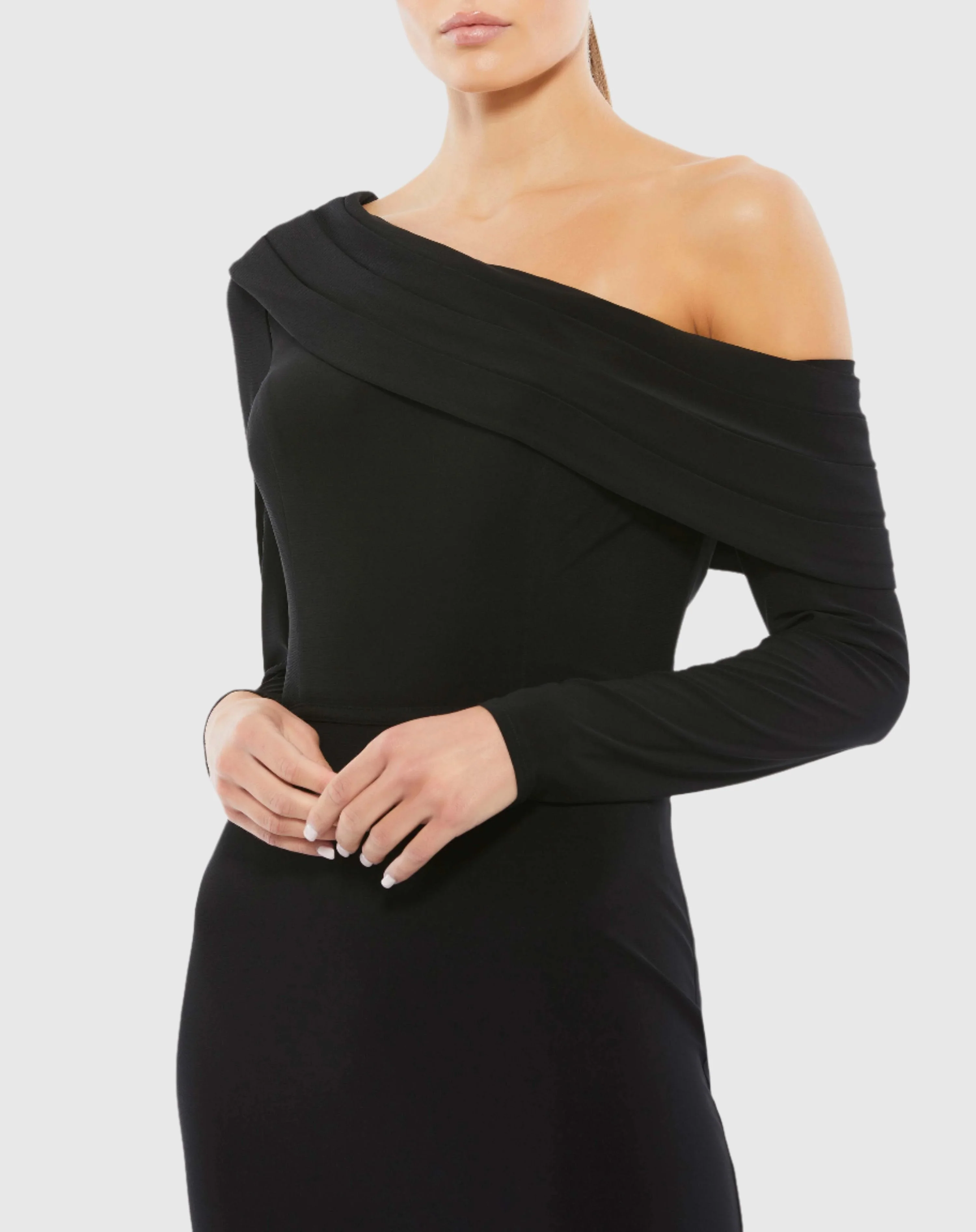 Black Drop Shoulder Long Sleeve Column Gown