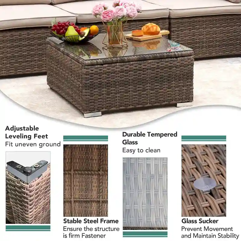 7-Piece Wicker Patio Conversation Set with Cushions and Glass Table