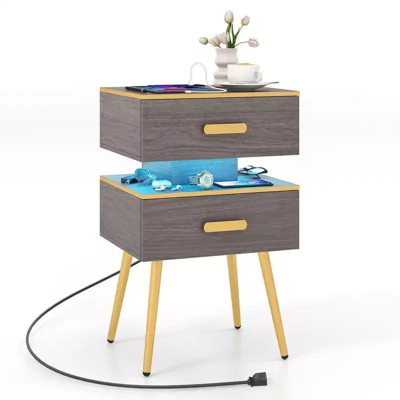 Costway 1/2 PCS Nightstand with Charging Station Bedside Sofa Side Tables with 2 Drawers Grey
