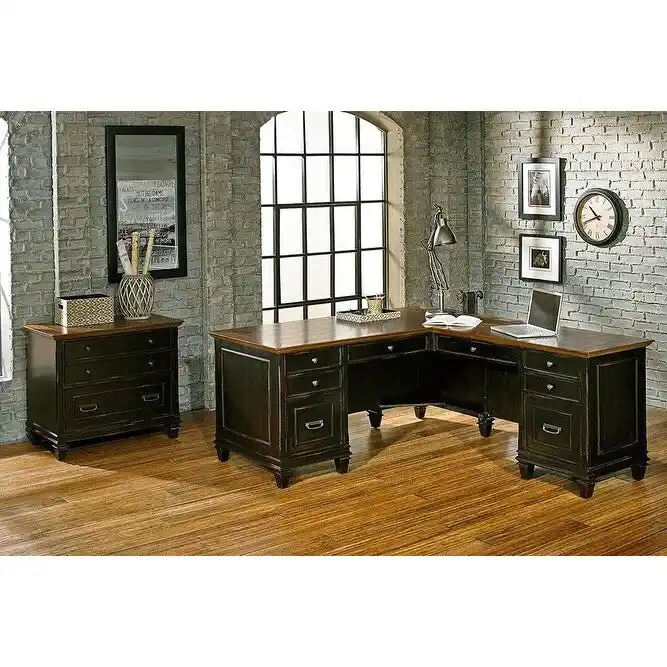 Black Wood Lateral File Cabinet with Locking Drawer