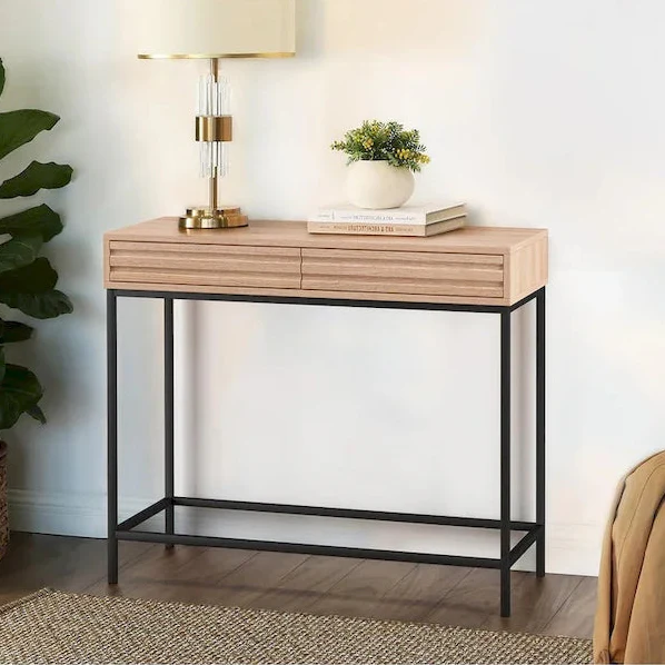 Oak & Walnut Mid-Century Console Table with 2 Drawers, Black Metal Legs