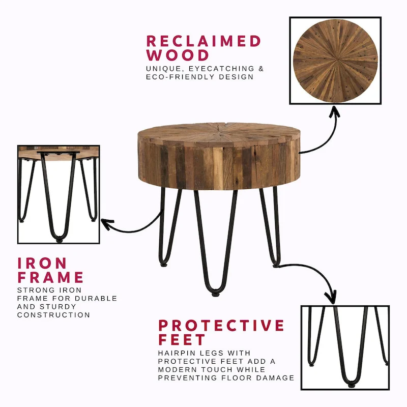 Sawyer 22 in. Round Reclaimed Wood Accent End Table with Black Hairpin Metal Legs