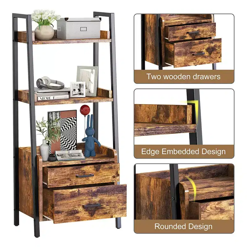 Fabato 3 Tier Display Bookshelf Bookcase with Ladder Shelves, Metal Frame, and 2 Organizing Drawers for Living Room, Office, or Bedroom, Rustic Brown