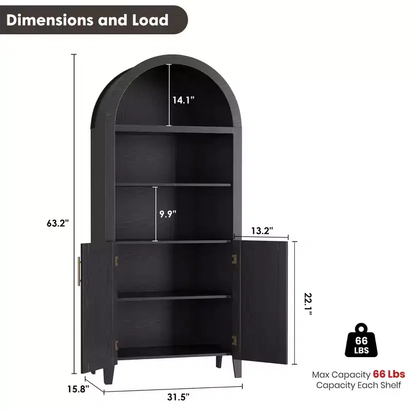 63.2 Arched Bookcase with Doors - 5-Tier Open Display Shelf, Modern Bookshelf Storage Cabinet for Home Office Living Room Library
