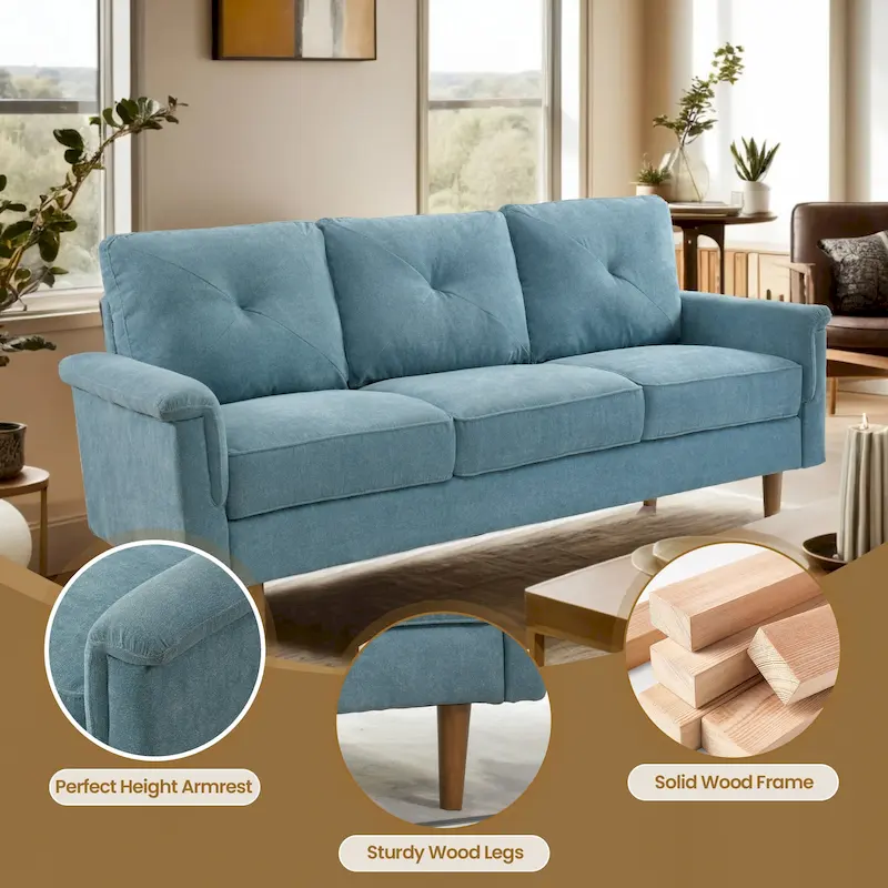 Mid-Century 3-Seat Upholstered Sofa with Wood Legs