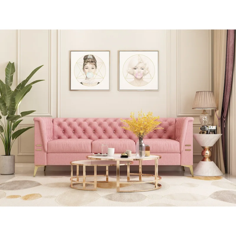82.7 Velvet 3-Seater Sofa with Gold Metal Legs