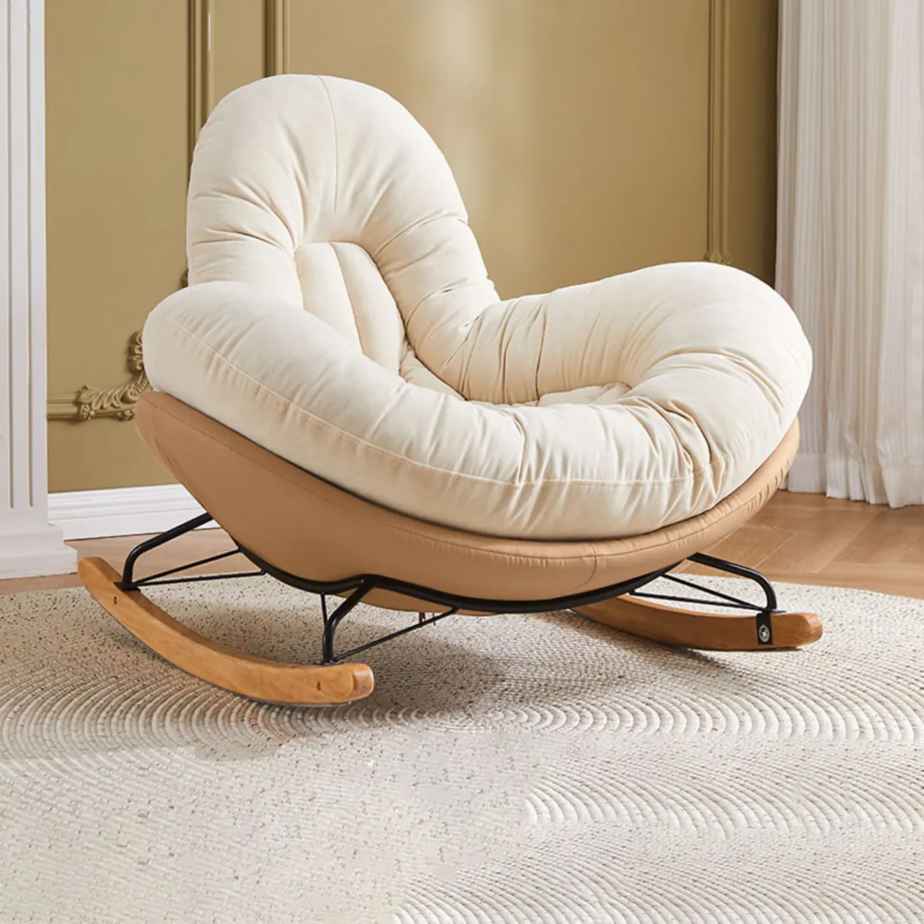 Wide Seat Upholstered Rocking Chair in Beige with Ottoman