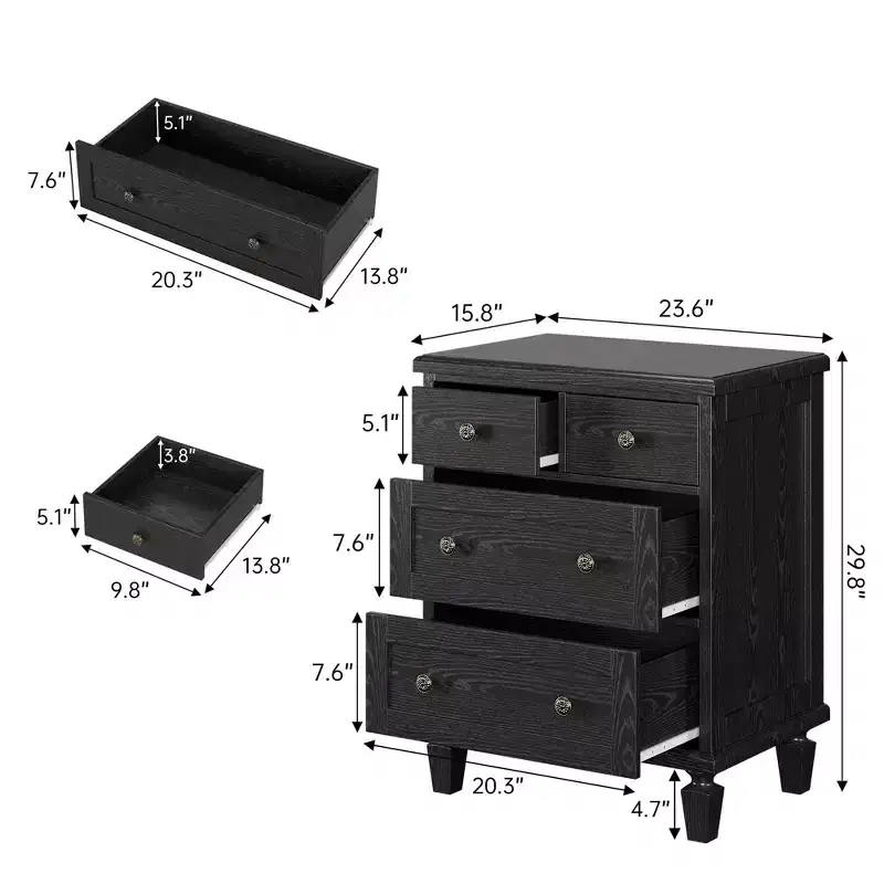 4-Drawer Vintage Wooden Dresser with Carved Handles & Tapered Legs, Spacious Storage Chest of Drawers for Bedroom, Living Room & Entryway
