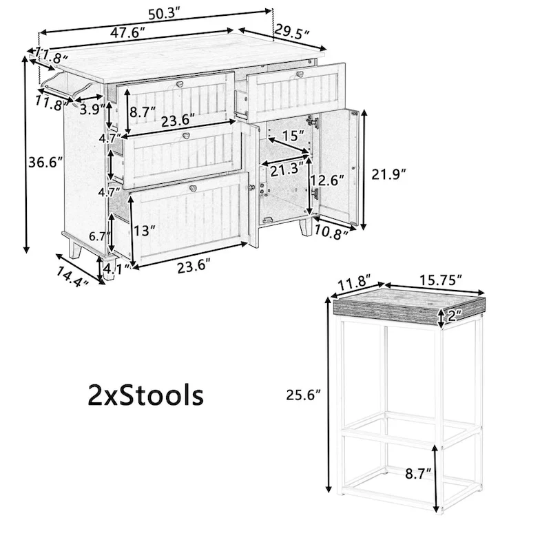Topmax Farmhouse Kitchen Island Set With Drop Leaf And 2 Seatings