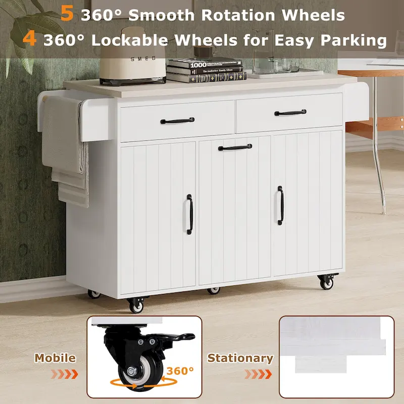51 in. W Rolling Kitchen Island Cart with Drop Leaf and Tilt-out Trash Can