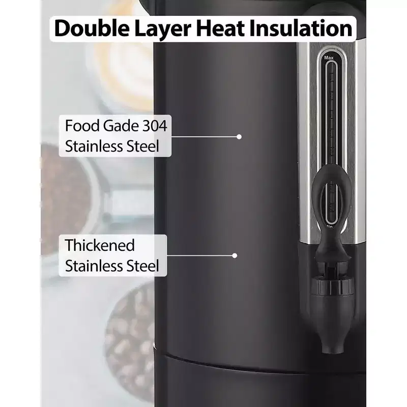 Dual Layers Stainless Steel Commercial Coffee Maker 18L/4.8 Gal Large Coffee Dispenser Electric Hot Beverage Dispenser for Catering, Events, Black
