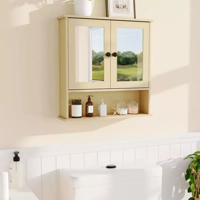 22 Inch Wall Mounted Bathroom Cabinet, Wooden Medicine Cabinet with Mirror Doors & Adjustable Shelves, Floating Storage Cabinet for Living Room,White
