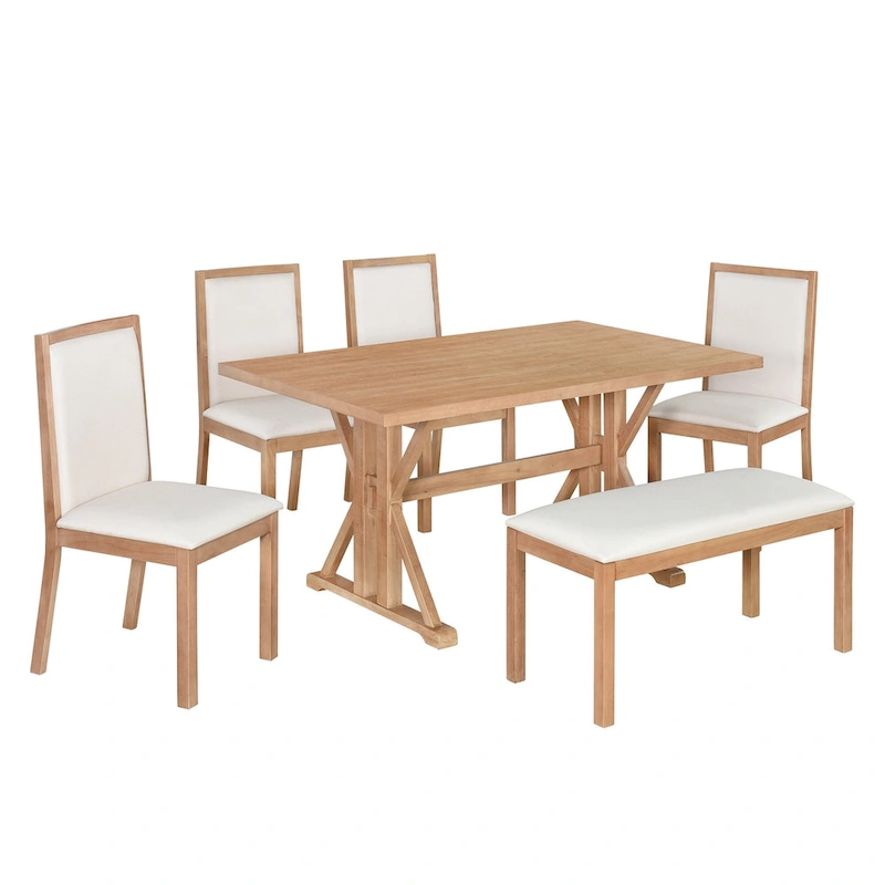 Farmhouse Style 6-Piece Dining Table Set with 4 Upholstered Dining Chairs and Bench